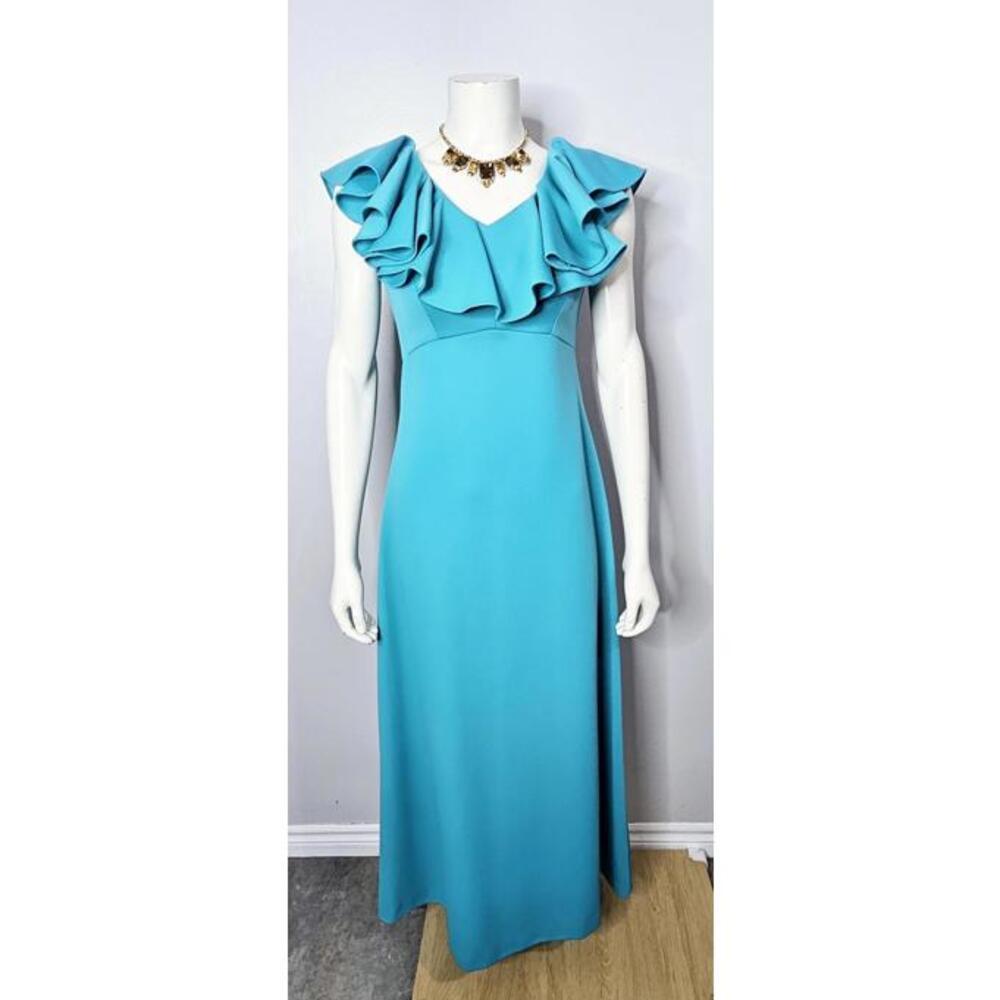 Vintage 1970s Turquoise Maxi Dress with Ruffled Neckline